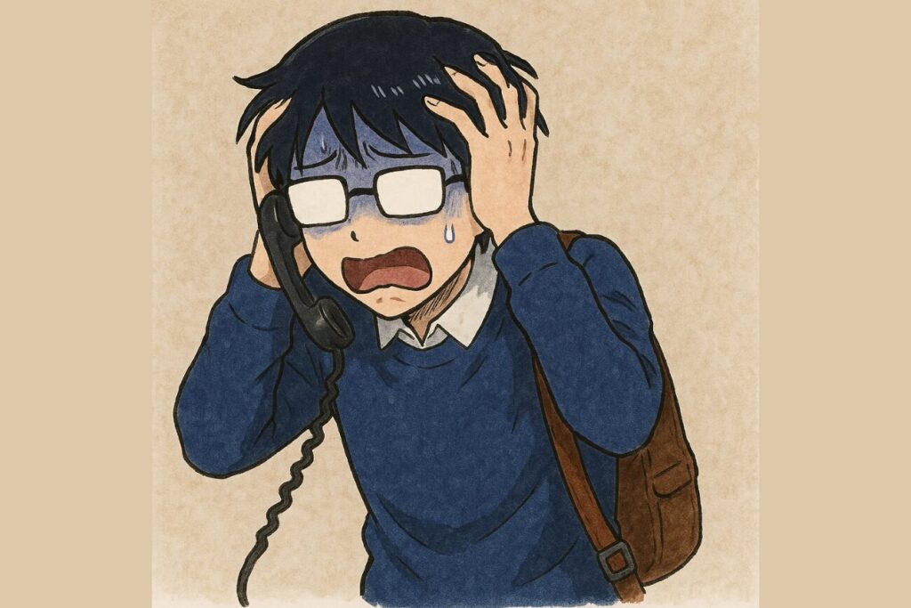 電話で運休を告げられる私
