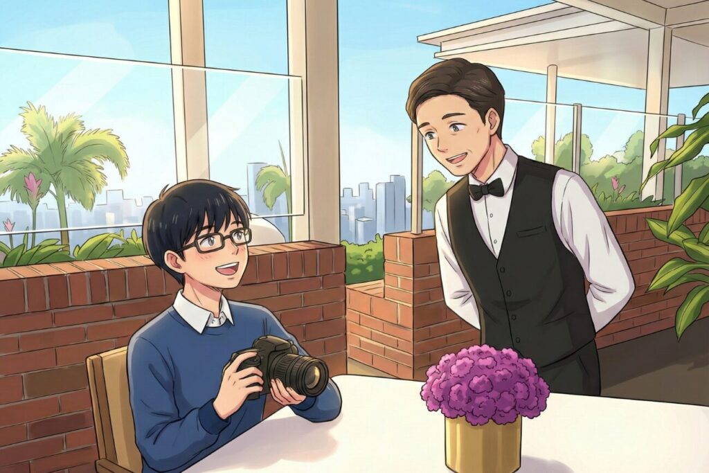 ウェイターさんと話す私