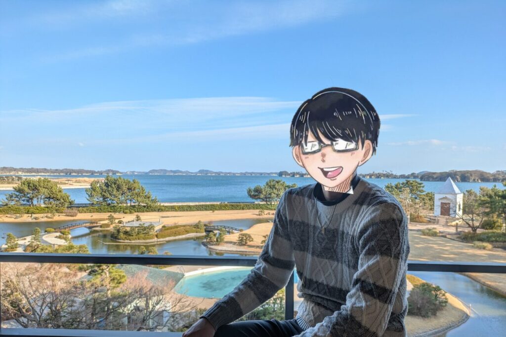 松島一の坊の客室での記念撮影