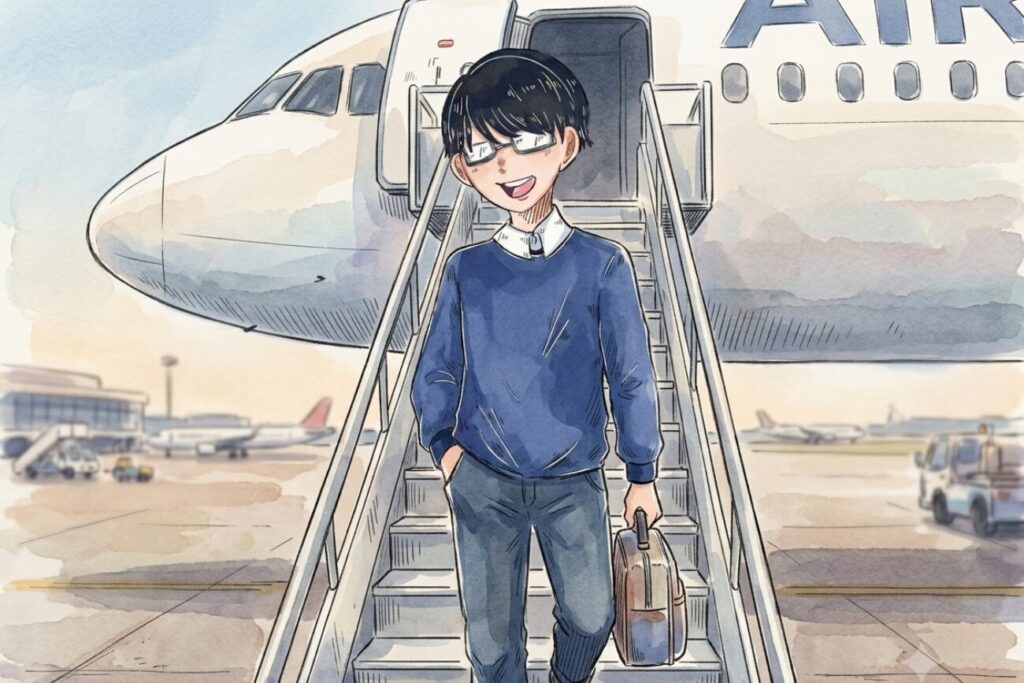 飛行機から降りる私